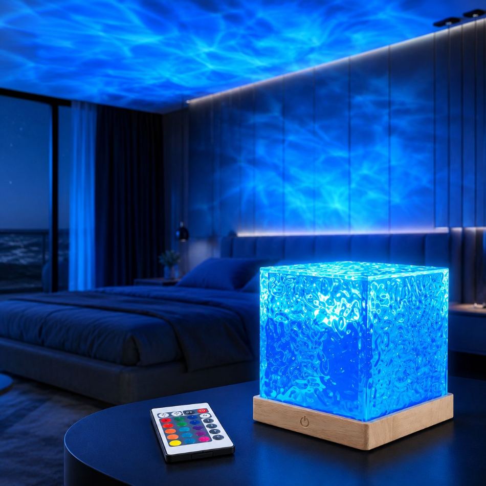 Borelle Aurora Cube en un dormitorio con luz azul