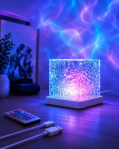 Borelle Aurora Cube con luz violeta en un escritorio