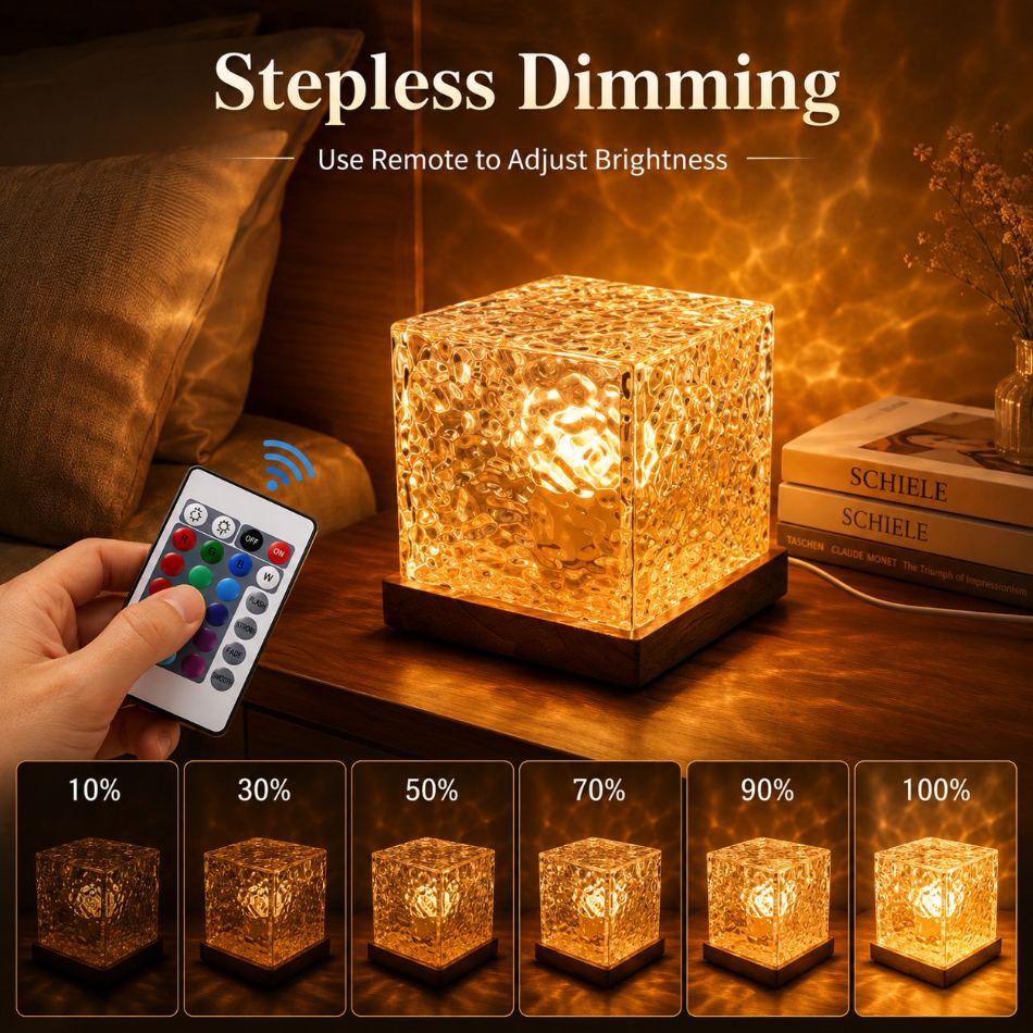 Borelle Aurora Cube con luz cálida junto a la cama